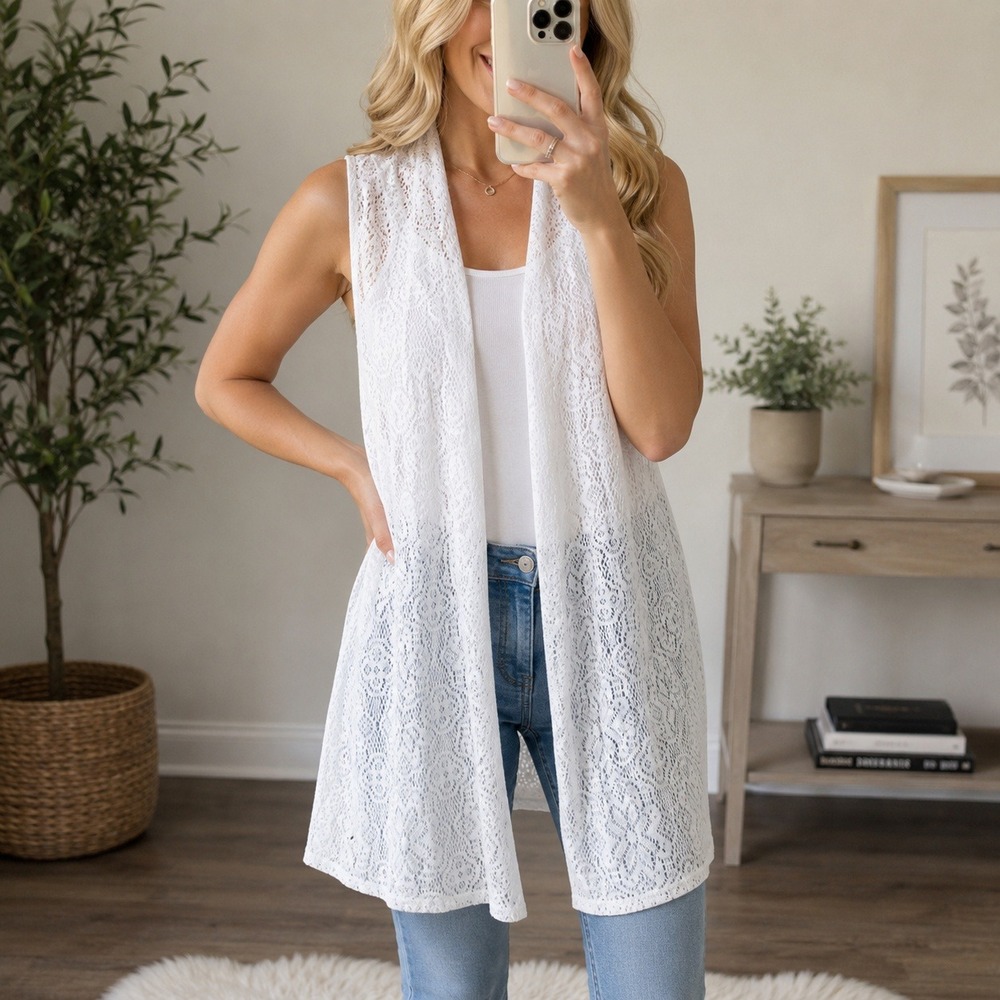Kate & Henry White Lace Sleeveless‎ Open Front Long Cardigan Vest S NWT